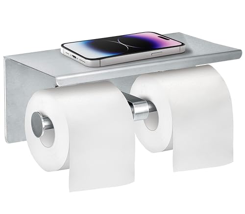 Double Toilet Paper Holder with Shelf - Alpine Rust Resistant Dual Roll Brushed Stainless Steel Toilet Paper Holder with Phone Shelf, Commercial Toilet Paper Dispenser Wall Mount in Modern Bath