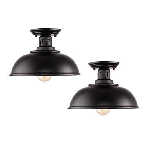 HMVPL Farmhouse Black Semi Flush Mount Ceiling Light Fixture, Industrial Close to Ceiling Lamp for Kitchen Island, Dining Room, Foyer, Hallway, Entryway (Set of 2)