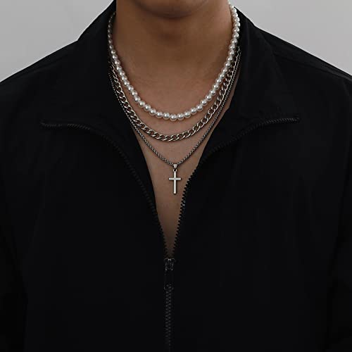 Pearl Necklace for Men Layered Cuban Link Cross Necklaces Mens Stainless Steel Chain Faux Pearl Choker Compass Pendant 3PCS Necklaces Set for Men Women Jewelry Gift2