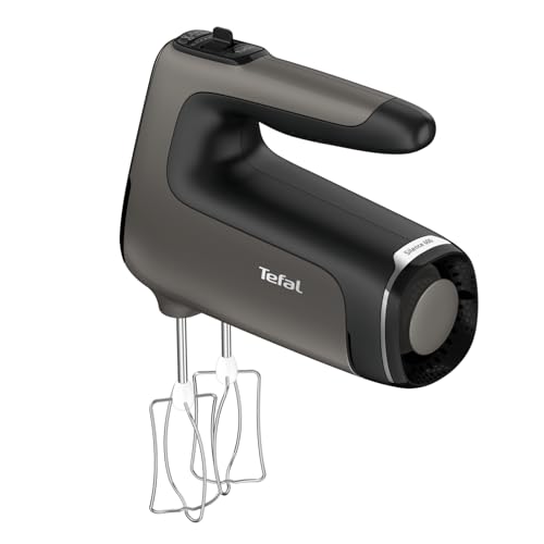 Foto von Tefal Power Mix Silence Handmixer, 600 Watt, variabler Geschwindigkeitsregler, Turbo- und Auswurf-Funktion, extrem leiser Motor, Handrührgerät inkl. 2 Rührbesen und 2 Knethaken, grau, HT650E38