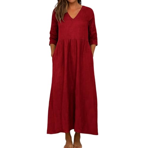 Leinenkleider Damen Sommer 3/4 Ärmel V-Ausschnitt Maxikleid Baumwolle Leinenkleid Kleid Lang Sommer Leinen Damenkleider Leichte Sommerkleider...