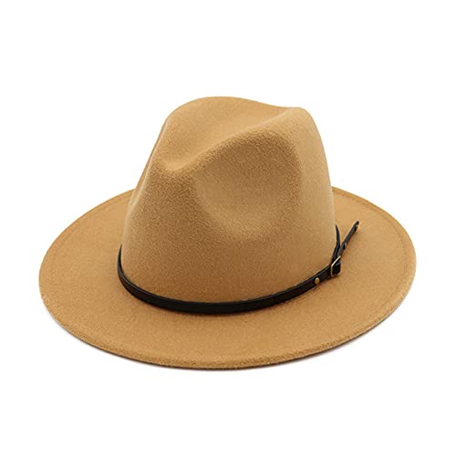 HUDANHUWEI Women s Classic Wide Brim Fedora Hat with Belt Buckle Felt Panama Hat Camel