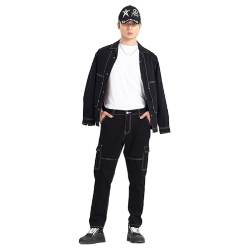 Image of SNITCH Black Regular Fit Cotton Cargo Jeans