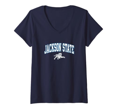 Womens Jackson State Tigers Arch Over Logo Officially Licensed Navy V-Neck T-Shirt