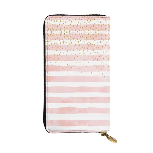 Portefeuille long vintage en cuir noir pochette à monnaie tendance et rayures roses durables