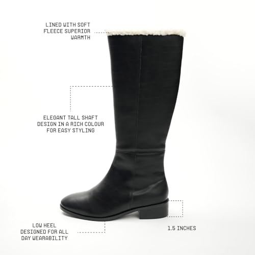 Image of Theater Women Huskies Knee-High Boots with Low Block Heel | Smooth PU Upper with Soft Fleece Lining | Comfortable Wear for Winter & Smart Casual Styling