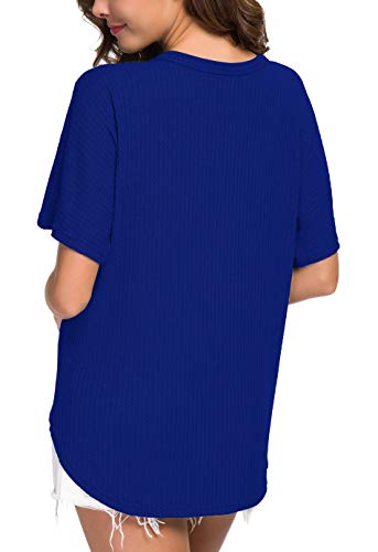 image for IWOLLENCE Womens Waffle Knit Tunic Blouse Tie Knot Short Sleeve Henley