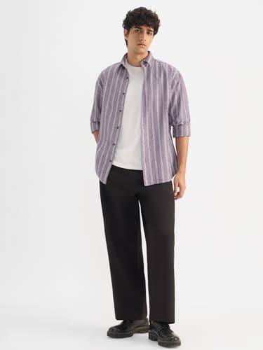 Image of The Souled Store Cotton Linen Stripes: Apricot Men and Boys Long Sleeves Collared Neck Orange Stripes Regular Fit Lightweight Comfortable Summer Cotton Linen Shirts