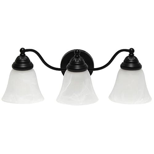 Image of Simple Designs VT1023-BLK 19.25 inch Classic 3 Light Winding Metal and Frosted Marble White Bell Shape Glass Shades Decorative Wall Mounted Vanity Fixture For Bathroom, Entryway, Hallway, Black