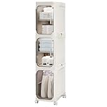 Lacusmall Tall Narrow Storage Cabinet, 3 Tier Slim Bathroom Floor Cabinet with Transparent Doors and Shelves, Foldable Storage Unit, Plastic Slim Bathroom Organizer for Small Space, Kitchen
