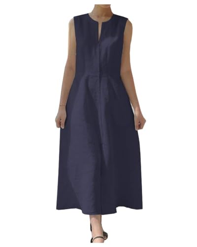 Image of Ladyful Women's Sleeveless Cotton Linen Midi Dress V Neck A Line Tank Dress