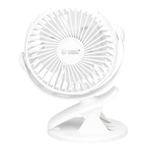 Brightium Ventilador de sobremesa blanco con pinza, 3W, compacto y versátil, ideal para enfriamiento en espacios reducidos y uso en escritorio.