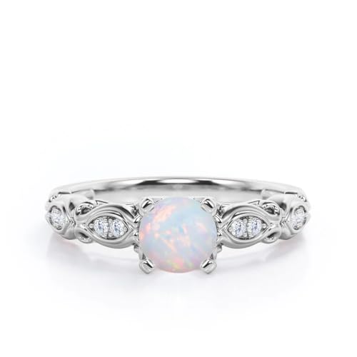 White Opal Engagement Rings for Women Center 1 CT Brilliant Round Cut Opal Ring with Moissanite in 10K 14K 18K Gold October Birthstone Rings for Her