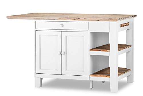 Florence Kitchen Island With Cupboard 2 Drawers and Shelves | Large White Breakfast Bar Island W150cm, H91cm, D90cm with Chopping Board & Wooden Drawer Utensils Organiser