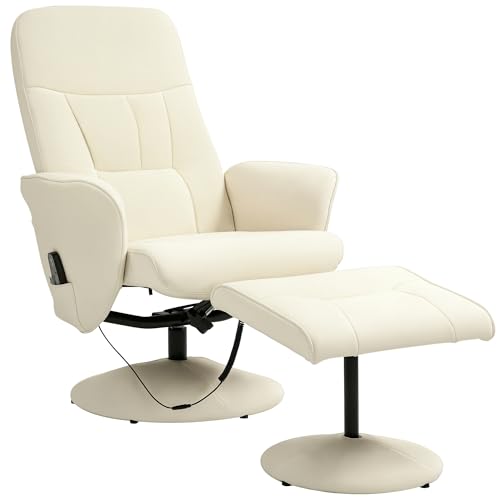 HOMCOM Relaxstoel met voetenbank, elektrische massagestoel met ligfunctie, 10 massagepunten, draaibare televisiestoel met zijzak, afstandsbediening, kunstleer, crèmewit