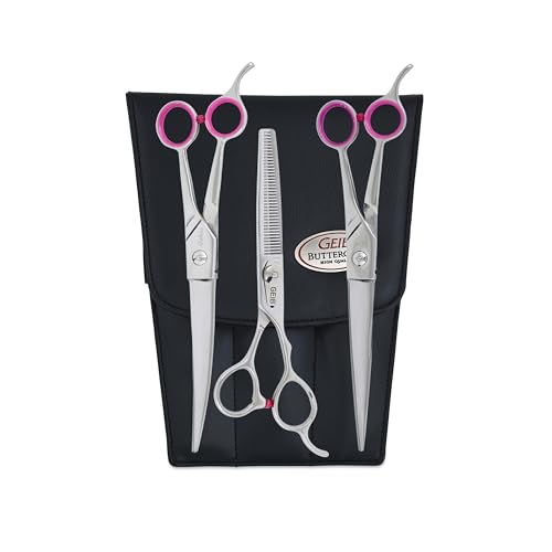 Image of Geib Buttercut Dog Grooming Scissors, Stainless Steel Professional Dog Grooming Kit - Curved, Straight and Thinning Shears, 3 in 1 pet grooming kit