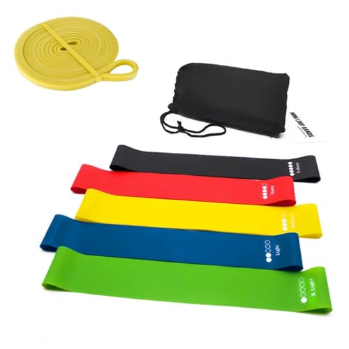 Pack 5 Bandas elásticas más 1 Goma Calentamiento Fitness Musculación con Niveles de Resistencia, Bolsa de Transporte y Manual de Ejercicios Pierna, glúteos, Brazos.