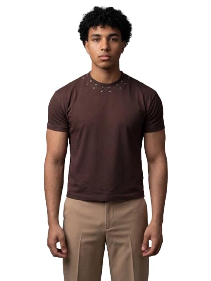 Image of FUGAZEE 100% Cotton Brown Eyelet Detail Cropped T-Shirt | Short Sleeves & Round Neck