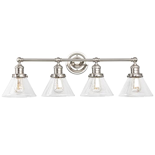 Image of Design House Augustin Vanity Light, 4-Light, Seeded Glass Warm Glow, Dimmable, Up /Down Glow, Easy Installation, E26 Socket, Satin Nickel, 34.9 in L x 8.3 in D x 11.1 in H, 589044-SN