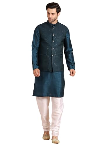 Image of men's Silk Blend Kurta Pejama & Waistcot Set