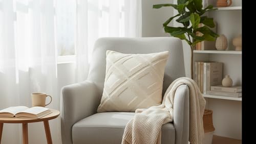 Image of Premium Cotton Cushion Cover, 20 Inch x 20 Inch, Circular Knit Neutral Textured, Square Accent, Cushion Cover Set of 4 for Living Room, Sofa (Diamond-10)