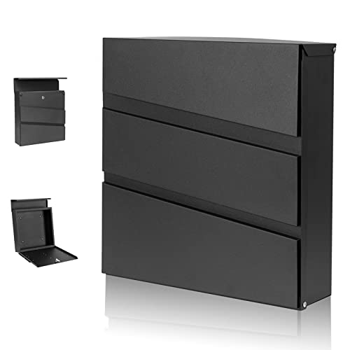 Image of Wall-Mount Mailbox with Lock and Keys, Security Key Drop Box for House Outside, Locking Postbox, Steel Metal Rust-Proof Mail Box, 11.02 x 11.02 x 4.33 Inch, Black, MD002