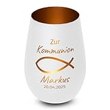 Christliches Windlicht „Zur Wunschtext“ – personalisiertes Geschenk zur Taufe, Kommunion, Konfirmation, Firmung – Name & Datum – Fisch-Symbol – christliche Deko - Weiß, innen Bronze