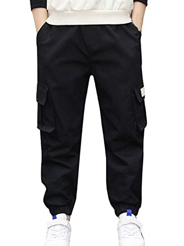 LAUSONS Hosen für Jungen Cargohose Jogger Locker Geschnittene Freizeithose mit Gummizug Schwarz DE: 152-158 (Herstellergröße 150)