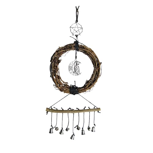 Small Wreath Wall Hanging with Owl, Moon, Pentagram, and Tiny Bells, Handmade, Wiccan Pagan Magical Door Home Decor Protection Altar Cleansing Wall Hanging Decoration