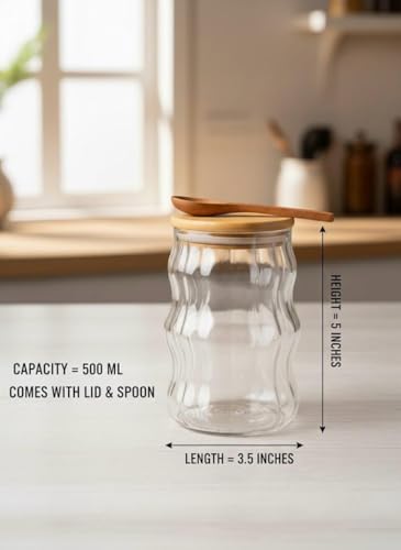 Image of SUANI Air Tight Wave Glass Jar Container with Wooden Lid and Spoon for Home and Kitchen | Odor Free Storage Jar | Jars For Spices, Dry Fruits, Grains and Kitchen Storage, (500Ml) (Pack Of 2)