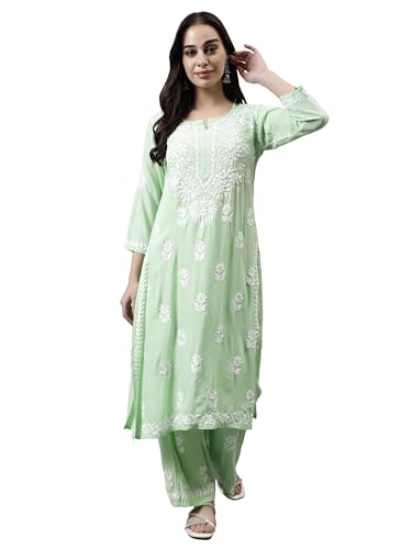 Image of Seva Chikan Hand Embroidered Lucknowi Chikankari Rayon Kurta and Palazzo Set SCL8037