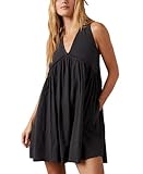 Aimiray Women's Casual Sleeveless Mini Dress Loose V Neck Backless Pleated Short Tank Sundress with Pockets(Black-S)