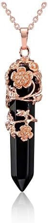 JSDDE Rose Gold Flower Wrapped Gemstone Point Necklace Natural Healing Crystal Stone Pendant Necklace for Women