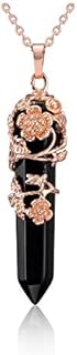 JSDDE Rose Gold Flower Wrapped Gemstone Point Necklace Natural Healing Crystal Stone Pendant Necklace for Women