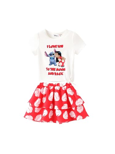 Disney Lilo & Stitch T-shirt Skirt Set 2PCS Outfit Toddler Girls Summer Dress Character Print Cute Top & Skort Bow Tiered Ruffle Little Kid Clothes Birthday Party Costume Light White Red 5-6 Y