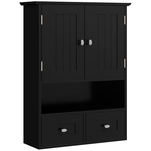 kleankin Armario de Baño de Pared, Armario Colgante, Mueble Suspendido de Baño, 2 Puertas con Cierre Magnético, 2 Cajones y Estante Abierto, para Cocina, Lavadero, 50,8x17,8x66 cm, Negro