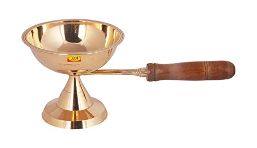 SHIV SHAKTI ARTS Brass Dhuna Loban |Brass Dhoop Dani | Incense Dhup Burner,Brass Handcrafted Puja Dhoop ,Dhoop Dhuni,Sambrani Dhoop,With Wooden Handle(Round)