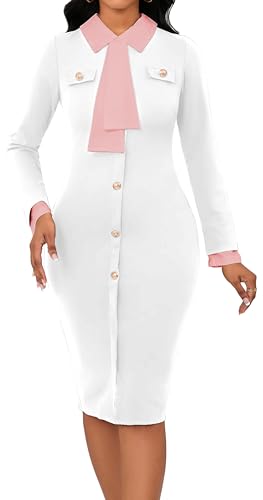 Image of CuteCherry Women's Church Dress Long Sleeve Bow Tie Neck Bodycon Work | High Waist Bodycon Knee Length Business Pencil Bow Tie Neck Long Sleeve Slim Fit Work