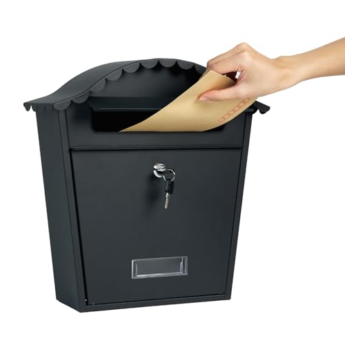 RYZAN Wall Mounted Waterproof Mailbox Steel Post Box Classic Design Parcel Box Letter Box Parcel Box for Mail Outdoor Letterbox With 2 Keys 37 x 13 x 36cm, Black