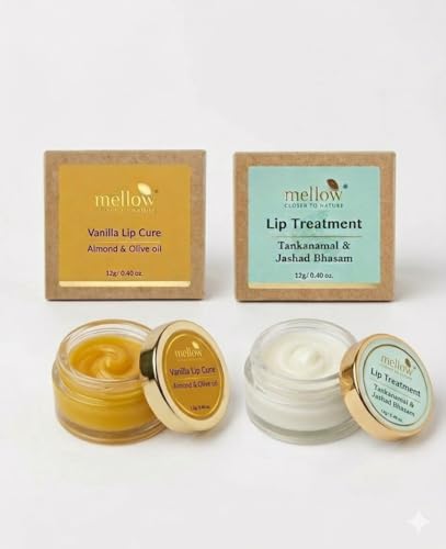 Image of Mellow Herbals Lip Balm Combo (Pack of 2) - Ayurvedic Vanilla Lip Cure & Herbal Lip Treatment with Almond Oil and Jasad Bhasma | Deep Moisturization for Dry, Cracked & Chapped Lips | Paraben Free | 12g Each