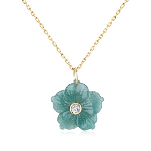 COAI Collar para Mujer en Acero Inoxidable Chapado en Oro 18K con Colgante Flor de Aventurina Verde Piedra Natural, Collar de Aventurina Verde para Mujer