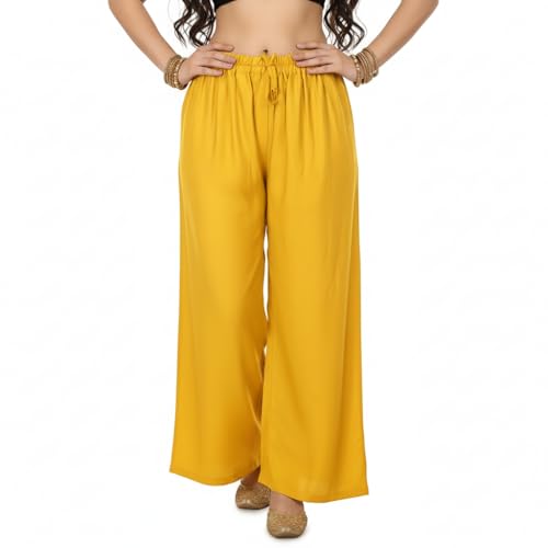 Image of Women's Rayon Palazzo Pants | Solid Color Wide Leg Trousers in 18 Shades | Elastic Waist Casual Bottoms XS-7XL | Comfortable