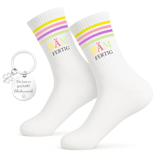 Snyvpra Bestandene Prüfung Geschenk Set - Bäm Fertig Socken & Schlüsselanhänger & Glückwunschkarte - Graduation Gift Glücksbringer Prüfung Ausbildung Bestanden Geschenk