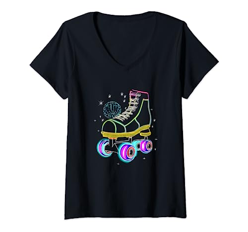 Rétro années 70 80 Disco Drôle Roller Skate Party T-Shirt avec Col en V