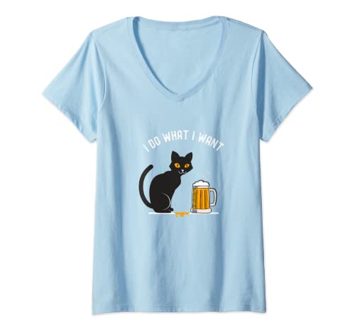 Mujer I do what I want funny travieso gato negro beber cerveza Camiseta Cuello V
