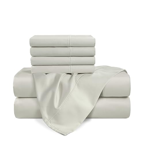 Casa Platino 100% Egyptian Cotton Sheets Full Size Set - 6 Pcs (1 Flat, 1 Fitted, 4 Pillowcases)- Ultra Smooth Sateen Weave Bed Sheets Set with 15" Deep Pockets - Silver