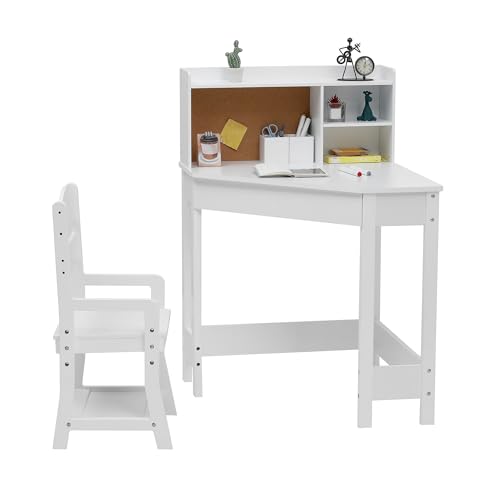 GarveeHome Kids Desk and Chair Set, Wooden Corner Study Table with Bookshelf, Bulletin Board, and Pen Holder, Writing Table for Boys and Girls, White