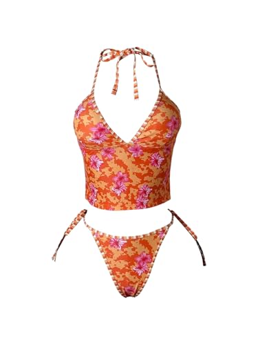 Maillot de bain 2 pièces à fleurs orange femme grand short de bain bikini licou L