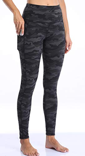 Oalka Women Yoga Pants Workout Running Leggings Outside Pockets Multi Camo Grey L #TOP2