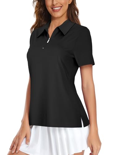 Golf Shirts for Women Short Sleeve Loose Fitting UV Protection Workout Tops 1/4 Zip Up Fast Dry Lightweight Moisture Wicking Cute Tennis Yoga Athletic Shirt Solid Black, X-Large